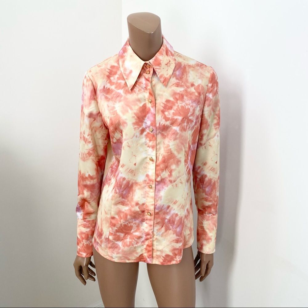 St John Orange Yellow Tie Dye Button Down Blouse 4